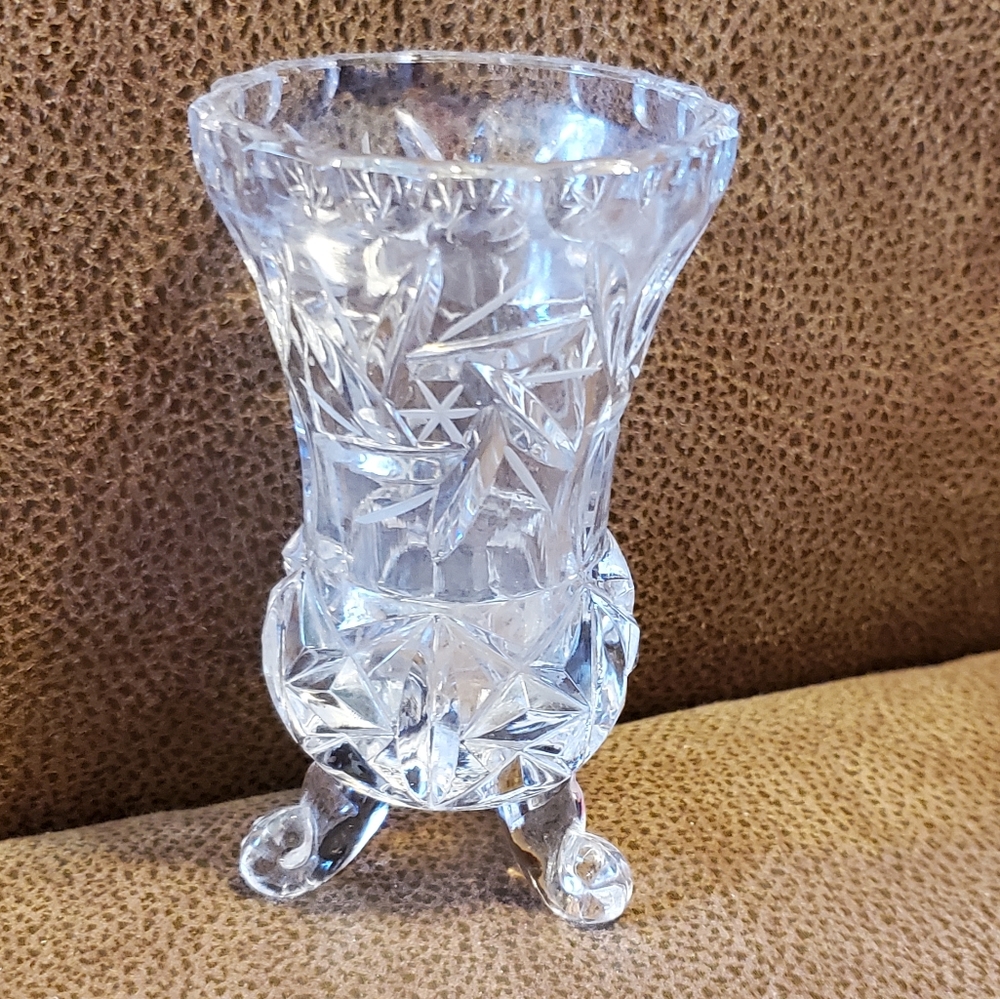 Vintage lead crystal etched three legged vase